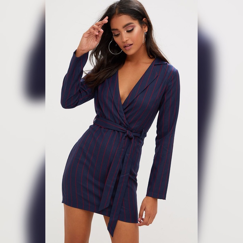 Pinstripe Tie Waist Blazer Dress